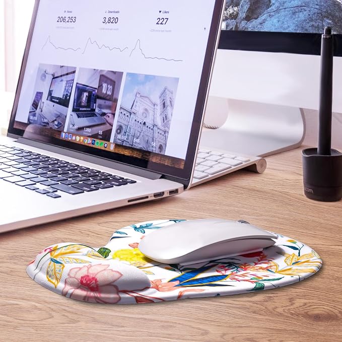 JIKIOU Ergonomic Mouse Pad with Gel Wrist Rest 2Pack, Portable Small Flower | Upgraded-Prevent Gel Leakage, Ergonomic Design for Pain Relief, Cooling Gel filled, Smooth Lycra Surface, Non-Slip PU Base