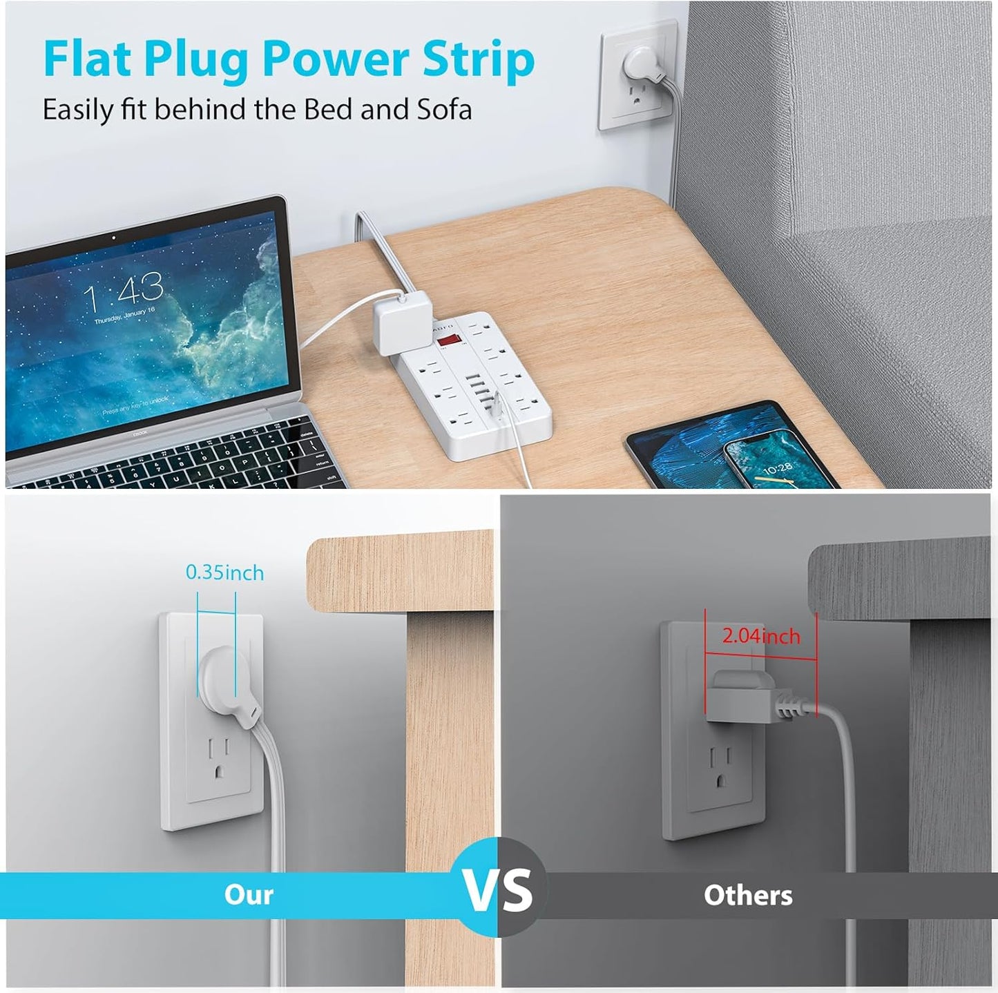10ft Extension Cord Long Power Strip,AOFO 8 Widely-Spaced Outlets & 6 USB Ports Flat Plug Power Strip,Power Cord for Wall Mountable and Desktop White