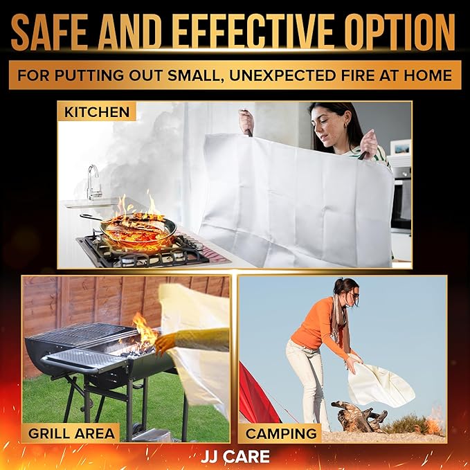 JJ CARE Fire Blanket – 10 Packs with Hooks and Gloves – Emergency Fire Blanket for Home & Kitchen, High Heat Resistant Fire Suppression Blankets for Home Safety, Kitchen, and Camping