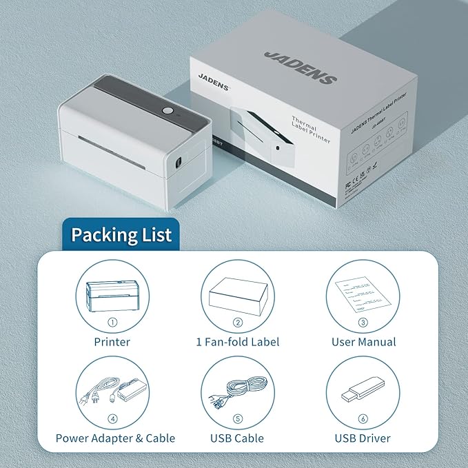 JADENS Bluetooth Thermal Label Printer -Wireless Shipping Label Printer for Small Businesses & Package, USPS, Etsy, Amazon, Compatible with iPhone, Windows, Android, 4x6, Label Maker, White