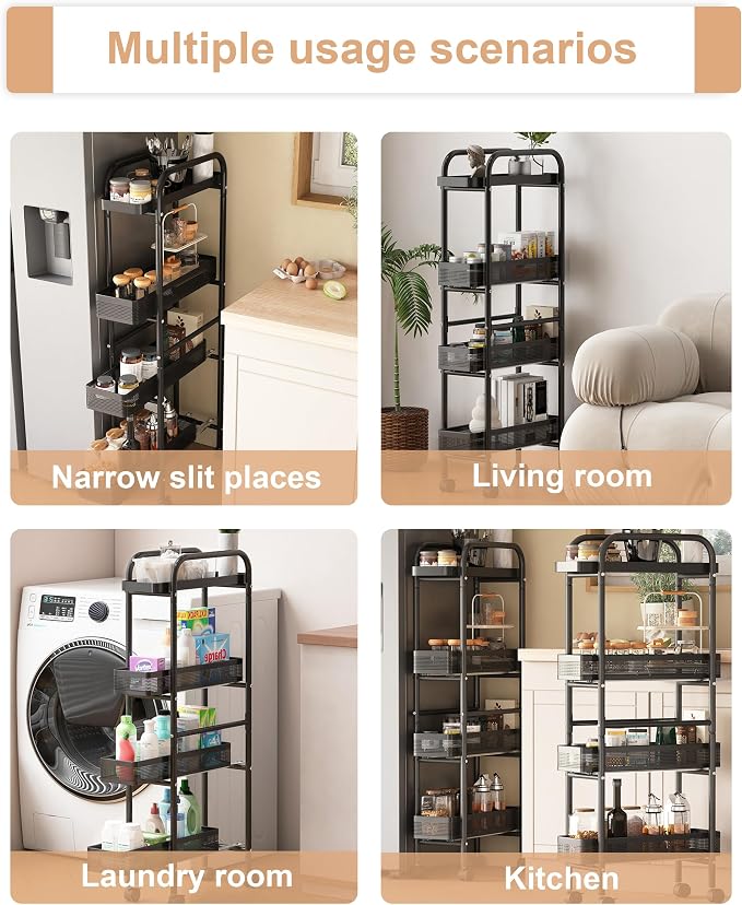 UMDONX 4-Tier Narrow Mobile Storage Cart with Pull-Out Baskets | The Multifunctional Pull-out Storage Rack Is Suitable for Bathrooms, Kitchens, and Laundry Rooms