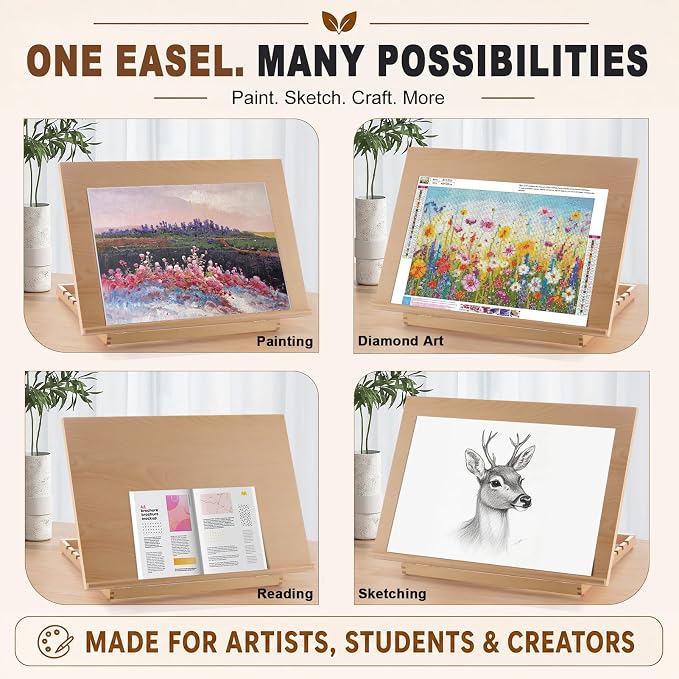 24.9"x17.3" Beechwood Tabletop Easel with Paint and Sketch Papers,Mask Tape | Extra Large Adjustable Art Easel Stand, Drawing Board for Painting, Sketching and Diamond Art