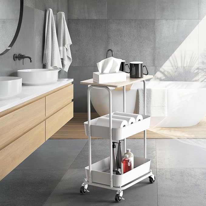 Simple Houseware 2-Tier Rolling Utility Cart Wood Top/Lockable Wheel, Maple | Metal Storage Organizer Trolley for Kitchen, Bathroom, Office, Craft Room