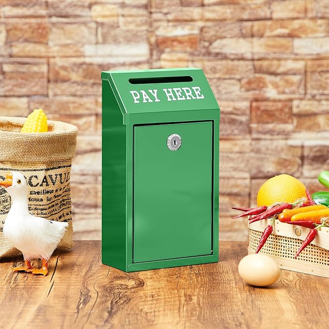 Yaocom Safe Metal Cash Box for Farm Stand – Money Drop and Secure Donation Collection, Wall Mount Lockable Unit with Pre Drilled Holes for Outdoor Self Serve(Green,10.2 x 5.7 x 2.8 Inch)