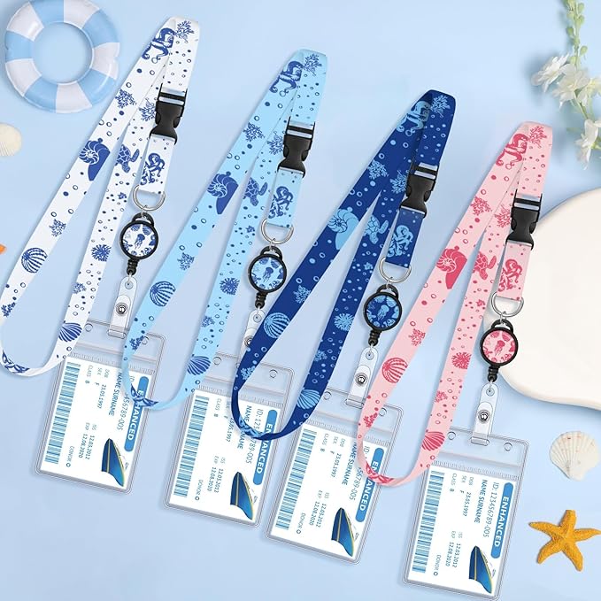 HONSIO 4 Pack Cruise Lanyard for Ship Cards, Cruise Essentials 2026, Ocean | Detachable, Retractable Badge Reels & Waterproof ID Badge Holders, Cruise Must Have for Carnival, Royal Caribbean, NCL