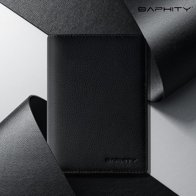 BAPHITY Mens Genuine Leather RFID Blocking Slim Passport Wallet, Black | Top-Grain Leather, RFID Blocking, Multi Slots (3+2 SD), Slim, Unisex Multi-Function Holder, Travel Sleeve