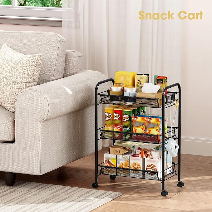 TOOLF 3 Tier Rolling Cart, Metal Utility Storage Cart with Wheels, Black | 3 Hooks, Screwless Assembly, Trolley Organizer for Bathroom, Kitchen, Office, Nursery, Dorm, Laundry Room