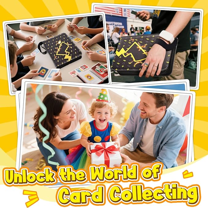 Card Binder – 9 Pocket Zipper Collection Album, Premium PU Holder, Double-Sided Display for 900 Cards, Includes 5 Hard Plastic Sleeves for Game Cards, Sports Cards(Lightning)