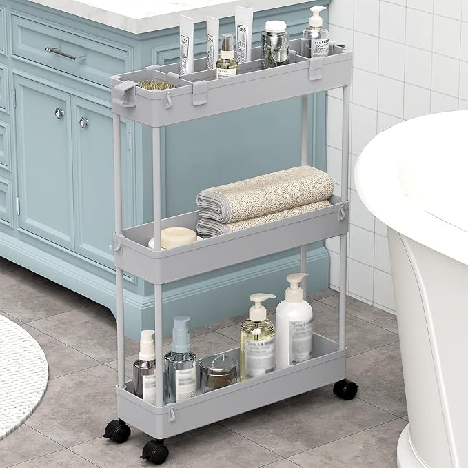 2-piece Set Slim Storage Cart 3 Tier,Bathroom Organizer Rolling Utility,Mobile Shelving Unit Slide Out for Office, Kitchen, Laundry Room & Narrow Places