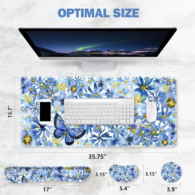 ToLuLu Gaming Mouse Pad, Ergonomic Keyboard Mouse Wrist Rest Support Set | Large Extended Desk Mat with Stitched Edges, Non-Slip Base Memory Foam Mousepad for Home Office Game Study, Butterfly Flower
