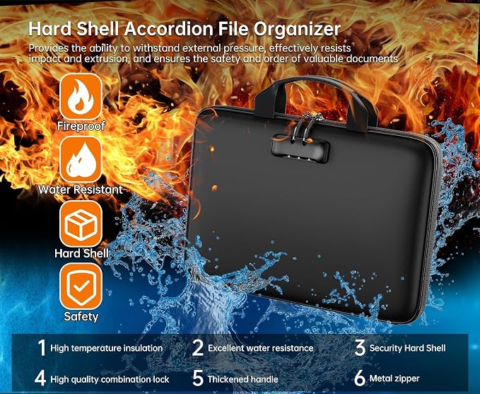 Tamfile Fireproof File Organizer with Lock,Hard Case Fireproof Document Box | 13 Colour Pockets Accordion File Folder, Office Home Important Document Organizer for Letter A4 Files Laptop Passports,Black
