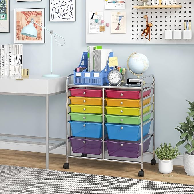 12 Drawer Rolling Storage Cart, Craft Cart Organizer on Wheels w/Metal Frame, Large Capacity & Smooth Drawer, Rolling Cart w/Drawers for Classroom, Office