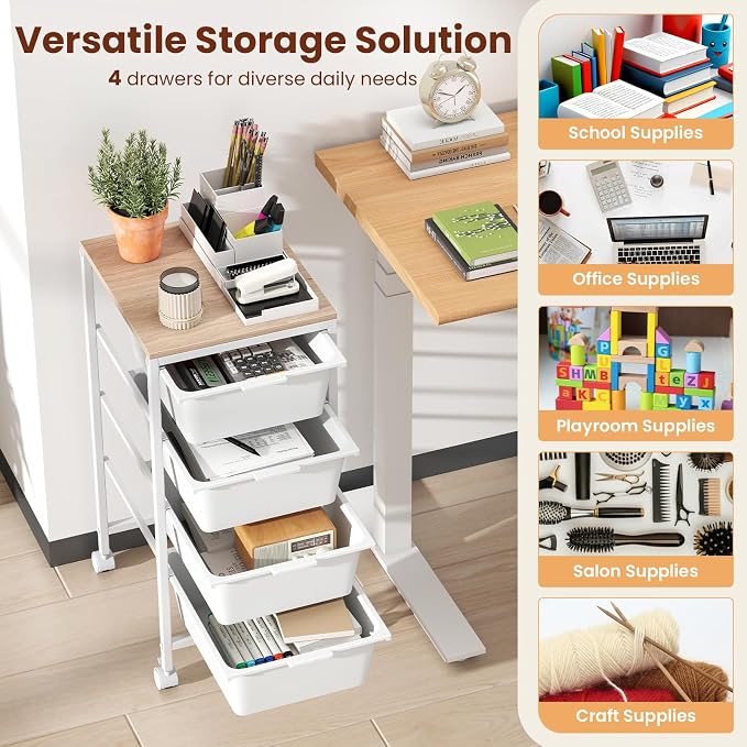 Giantex Rolling Storage Cart with 4 Drawers, Utility Cart w/Wooden Tabletop, Lockable Wheels, Multipurpose Organizer for Art Craft Scrapbook Paper, Drawer Carts for Dorm Classroom Office, White
