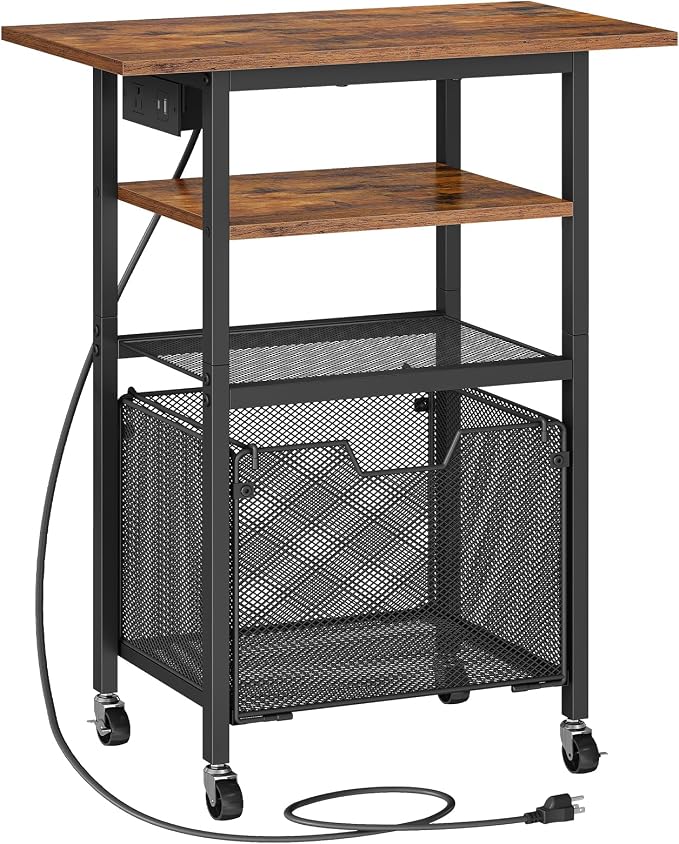 HOOBRO Printer Stand with Hanging File Drawer, Rolling Printer Cart on Wheels, Mobile Filing Cabinet Storage Shelf, Home Office Desk Side Organizer, Rustic Brown and Black BF17UPS01