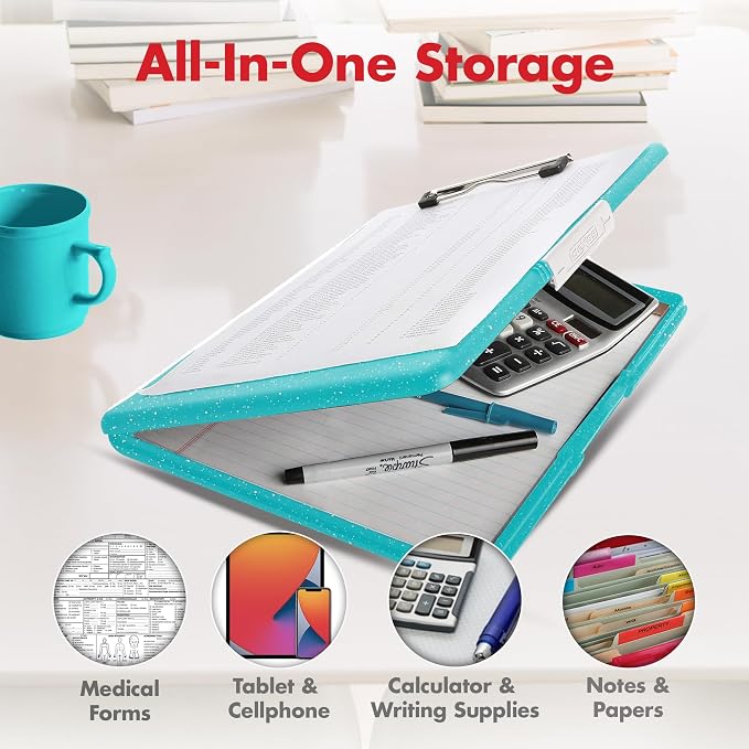 Dexas Slimcase 2 Plastic Clipboard with Storage & Side Opening, Teal Glitter, Office Supplies Clipboards, Carry and Store, A4 Holder, Style & Functionality Nursing Clipboard (Pack of 6)