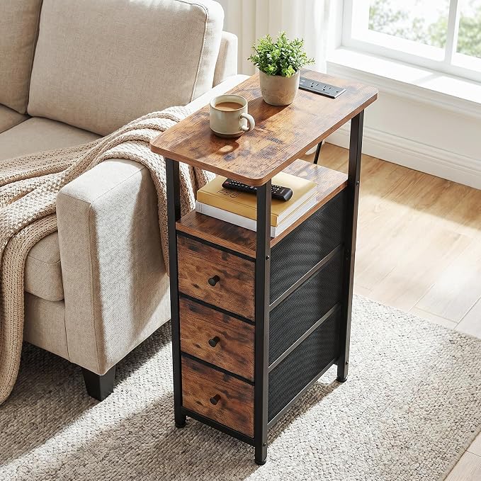 Narrow End Table with Charging Station, Small Nightstand | Skinny Side Tables Living Room with 3 Fabric Drawers, Slim Bedside Table for Bedroom, Small Spaces, Couch, Rustic Brown