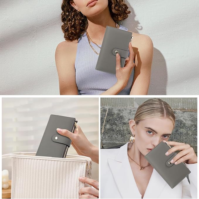 yiijay Women's Wallet RFID Blocking Leather Trifold Clutch Wallet Credit Card Holder Ladies Travel Wallet Purse with Passport/Pen Holder