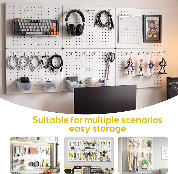Steel Pegboard Tool Wall Organizer, 6 Pack 14.76 x 10.82 in, 6 Bins, White | 6 clear storage bins organize screws and small parts; 36 hooks and 30 peg locks keep garage tools sorted and easy to reach.