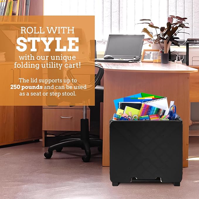 Collapsible Ultra-Slim Pack-N-Roll,2 Wheel Utility Cart w/Lid used as Seat up to 250 Lbs, Telescopic Handle - Super Strong, for Home, Garden, Shopping, Office, School use, Large, Black