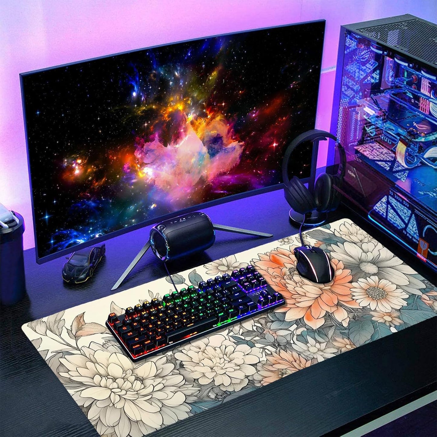 Japanese Aesthetic Floral Gaming Mouse Pad XXL Vintage Orange White Flowers Extended Large Mat Mousepad Desk Pad Non-Slip Rubber Base Stitched Edge Keyboard Pad Playmat for Computer,35.4×15.7 Inch