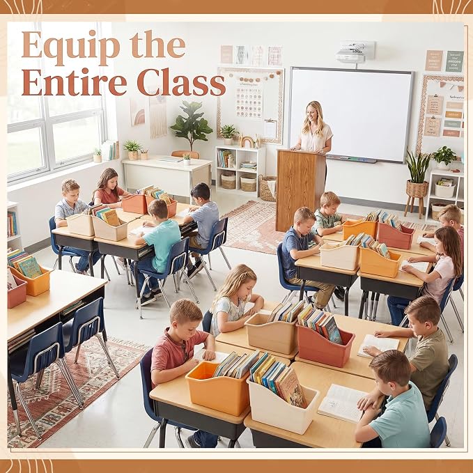 Blosssound 24 Set Book Bins for Classroom Stackable,Earth Tones | Plastic Baskets with Labels, Slanted Front, Library Supplies Organizers, Desktop Storage Bins, Teachers Home School Use