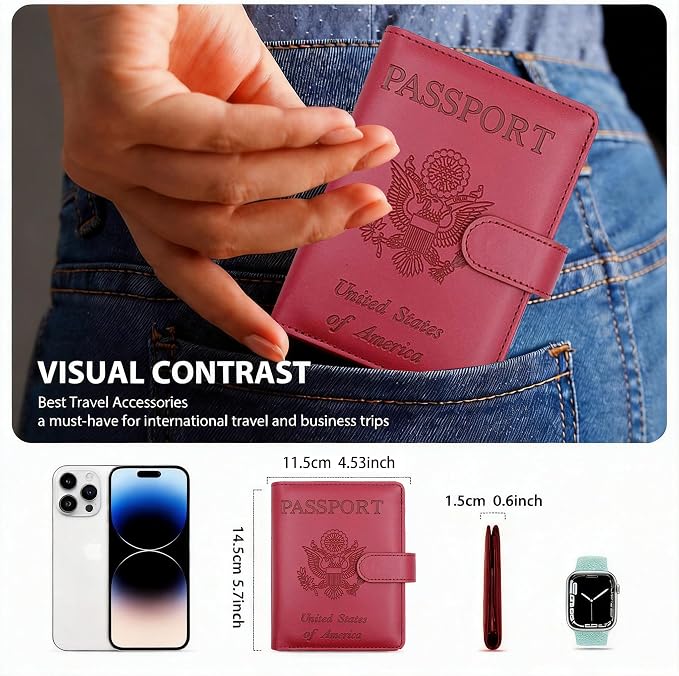 Passport Holder with Air-Tag Slot RFID Blocking Leather Travel Wallet | Multiple Card Compartments, SIM Card Access, Compact Carry Design, Flight Ready Essentials for Men & Women, Red