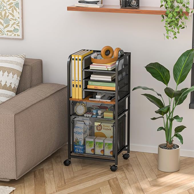 Feyejade 6-Tier Rolling File Cart Multi Mobile Drawer Cabinet Black | File cabinet organizer with wheels, letter size filing storage cart, home office hanging folder storage for teacher