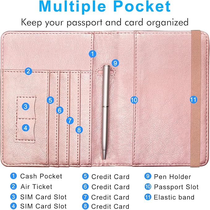 ACdream Passport Holder Cover, Leather Travel Wallet Case, RFID Blocking Document Organizer Protecrtor, with Slots for Credit Cards, Boarding Pass, for Women and Men, Rose Gold