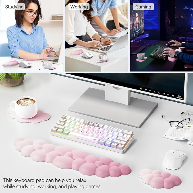 TECKNET Cloud Keyboard Wrist Rest Set, Cloud Wrist Rest with Non-Slip Base, PU Leather Wrist Pad for Keyboard with Ergonomic Memory Foam for Computer Laptop Office Gaming & Pain Relief, Gradient Pink