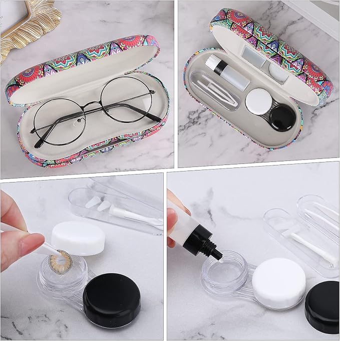 MoKo Double Eyeglass Case, Contact Lens Case with Mirror Tweezers Remover, 2 in 1 Double Sided Portable Contact Lens Box Holder Container Storage Kit Sunglasses Pouch for Men & Women, Rhombic Datura