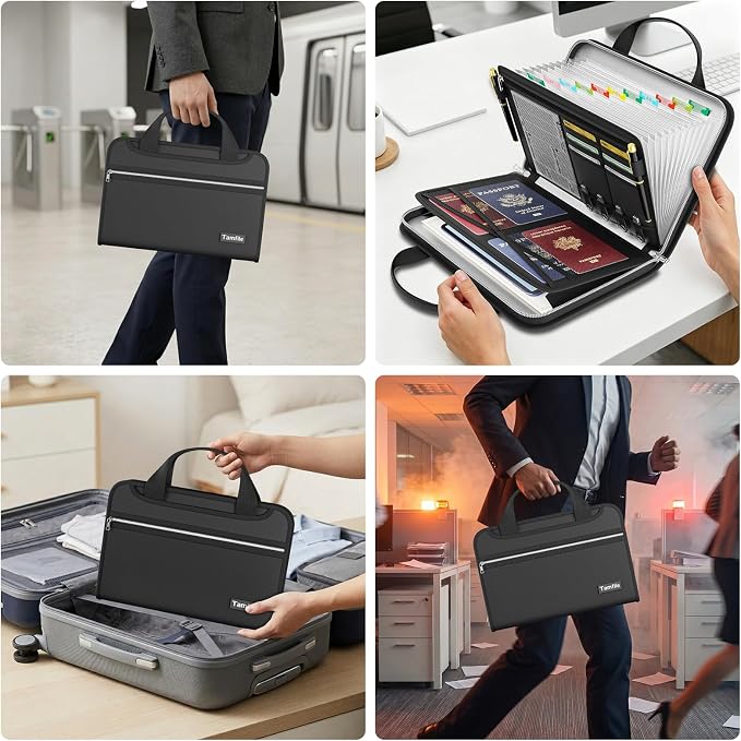 Tamfile Accordion File Organizer, Fireproof Important Document Organizer | Heat Insulation, 13 Transparent Pockets, Portable Home Travel Safe Storage Expanding File Folder for A4, Letter, Paper, Black