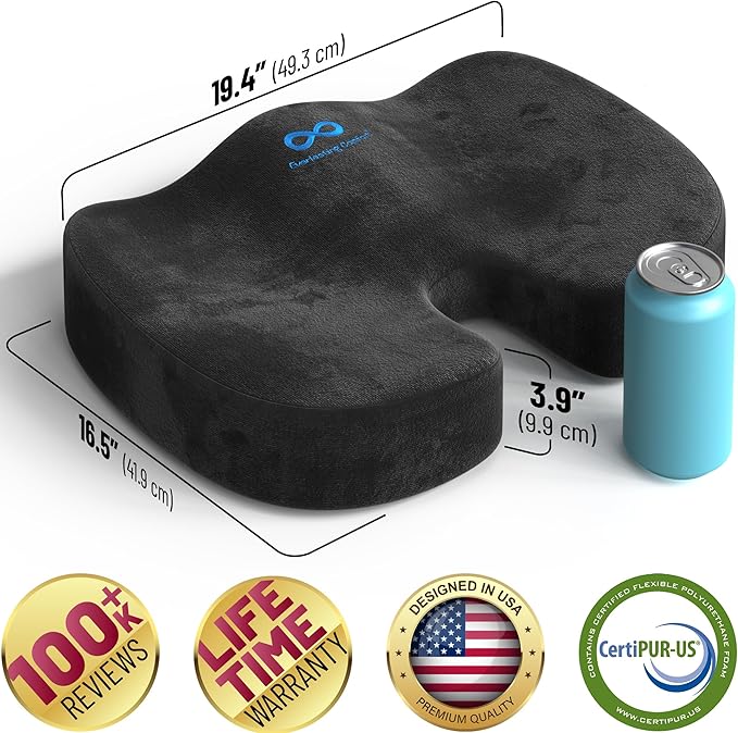 Everlasting Comfort Doctor Recommended Memory Foam Seat Cushion for Office Chairs & Car - Ergonomic Office Desk Accessories - Cushions for Tailbone Pain Relief, Sciatica (Black, X-Large)