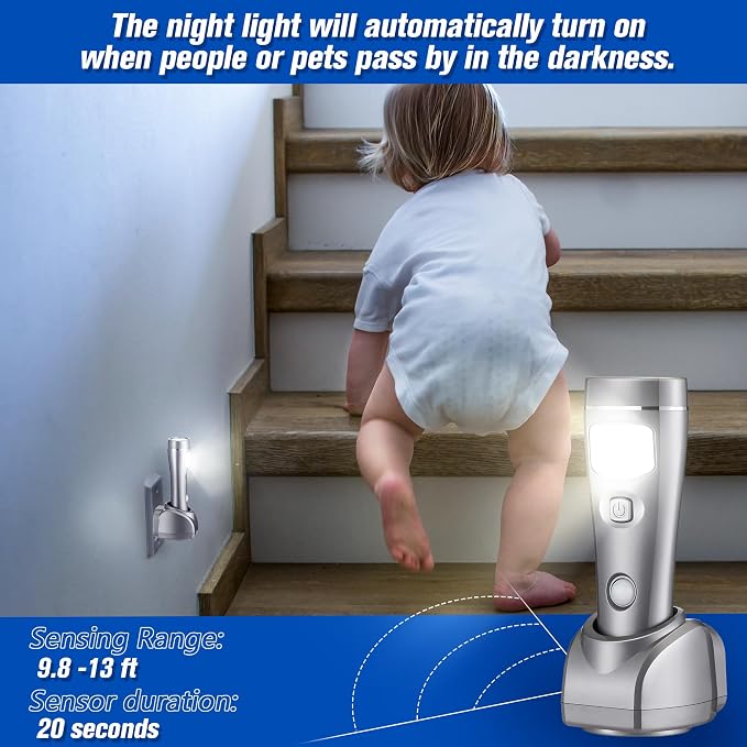 Enhon 2 Pack 4 in 1 LED Emergency Lights for Home Power Failure, Rechargeable Plug in Flashlight Motion Sensor Night Light, Automatic Turn On Power Outage Light for Home Hurricane Supplies (Silver)