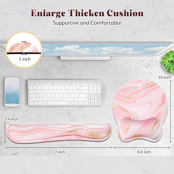 Gimars Ergonomic Mouse Pad Wrist Support, Upgrade Enlarge Superfine Fibre Soft Smooth Keyboard Wrist Rest, Comfortable Memory Foam Wrist Rest for Pain Relief, Computer, Gaming, Office, Pink Golden