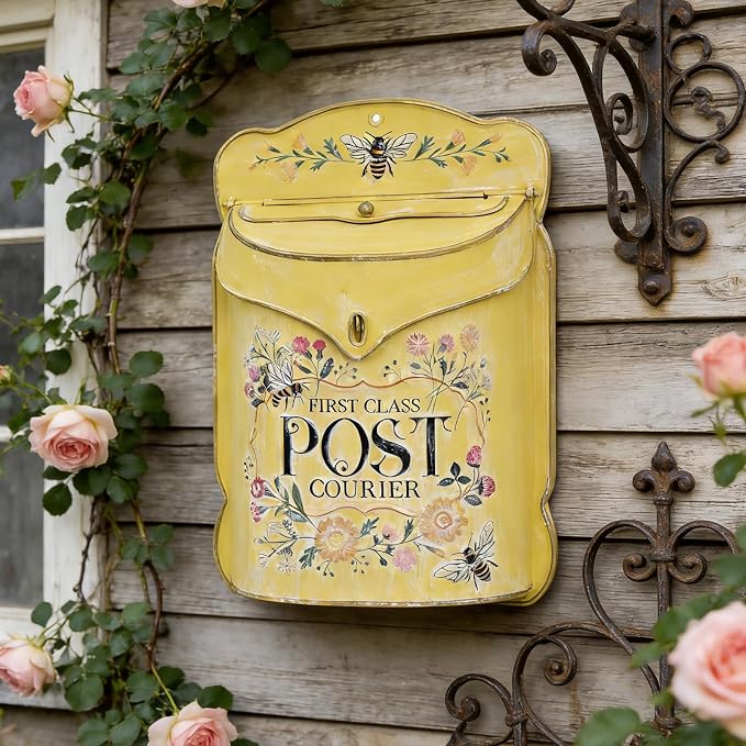 Wall Mount Mailbox for Outside Vintage Mail Boxes for House Outside Metal Door Mailbox Drop Box Antique Style Nostalgic Charm Home Decorative, Flower Pattern, Yellow