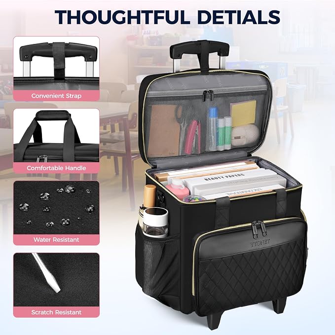 Ytonet 17.3" Rolling Teacher Bag, Rolling Cart for Teachers with Tote Bag | Detachable Dolly, X-Large Teacher Rolling Bag, Multiple Carrying Rolling Tote Bag, Multifunctional Pocket Teacher Cart, Black