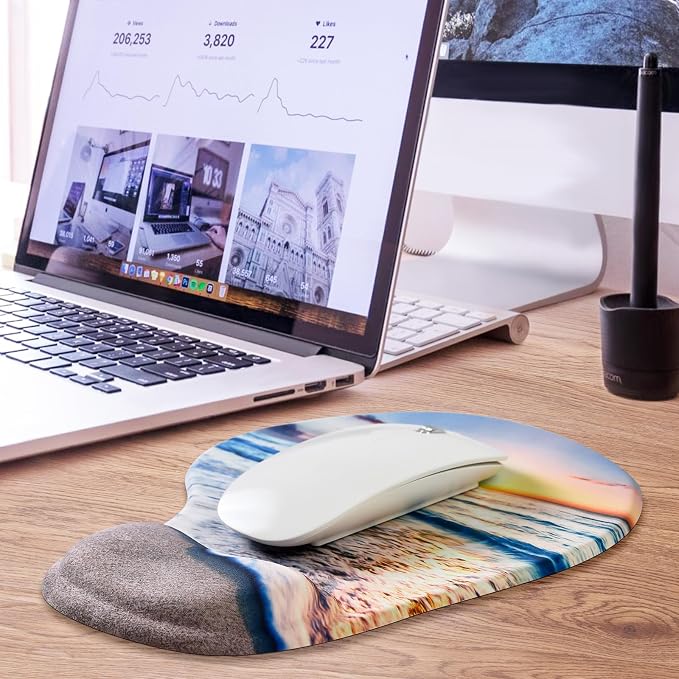 JIKIOU Ergonomic Mouse Pad with Gel Wrist Rest 2 Pack, Portable Small Beach | Upgraded-Prevent Gel Leakage, Ergonomic Design for Pain Relief, Cooling Gel filled, Smooth Lycra Surface, Non-Slip PU Base