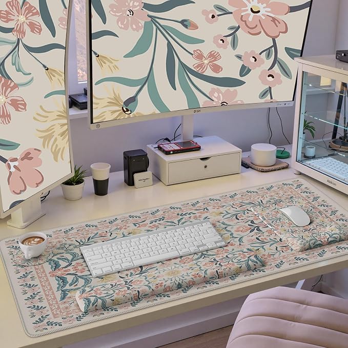 iCasso Mouse Pad with Wrist Rest, Ergonomic Large Desk Mat Set, Pink | Keyboard Pad with Wrist Support, Non-Slip Mouse Mat for Women, Cute Floral Computer Mat for Home Office Gaming