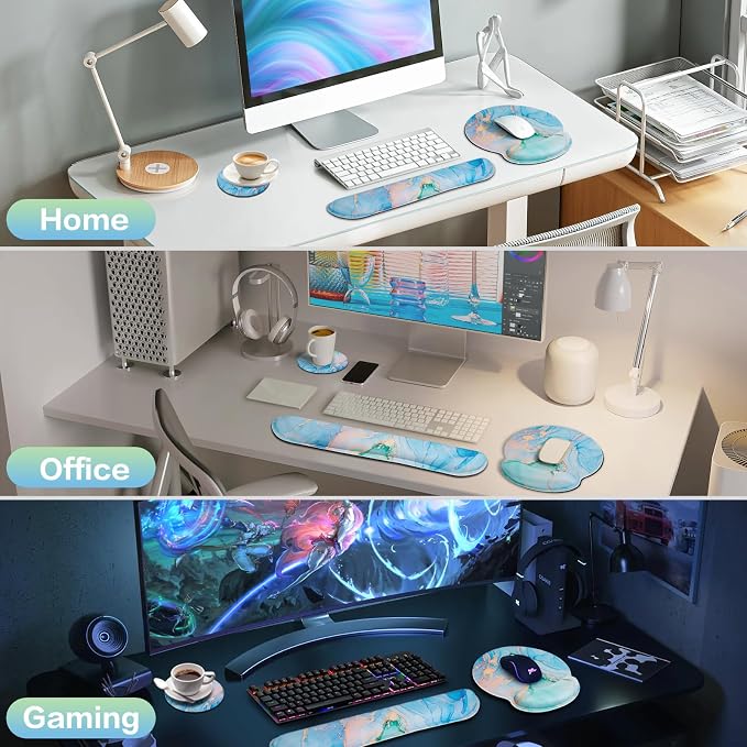 Mouse Pad Blue, 3-in-1 Mouse Pad with Wrist Rest for Keyboard and Mouse | Gaming Mousepad with Anti-Skid Base,Ergonomic Memory Foam Keyboard Gel Wrist Rest, Office Desk Accessories for Women