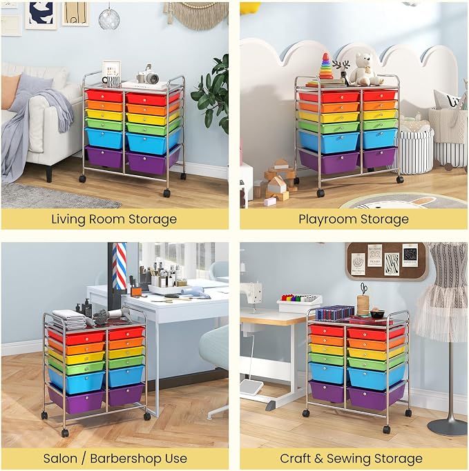 12 Drawer Rolling Storage Cart, Craft Cart Organizer on Wheels w/Metal Frame, Large Capacity & Smooth Drawer, Rolling Cart w/Drawers for Classroom, Office