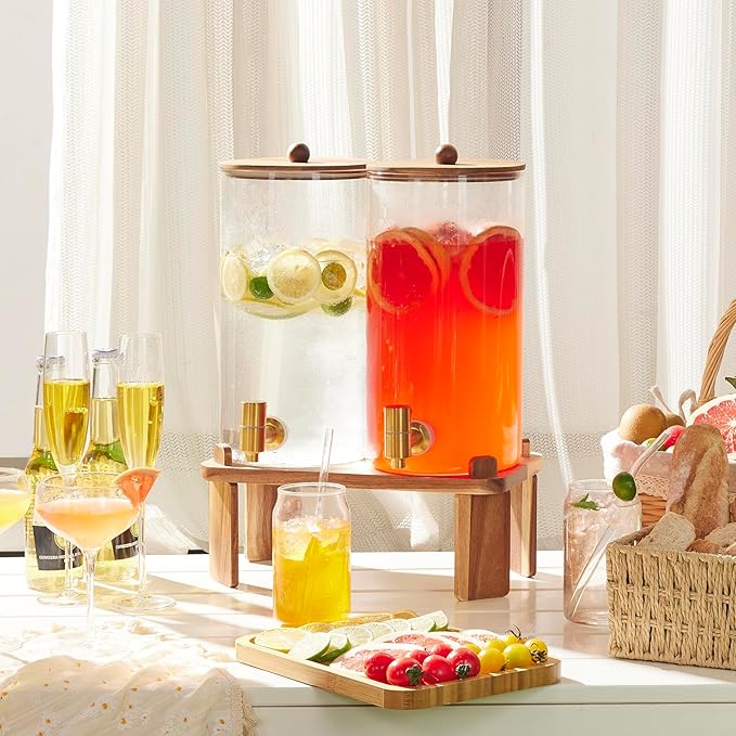 FavorFlavor 1.5 Gallon Drink Dispenser: 2P Glass Dispenser w/Wood Stand | 6L large Capacity-Stainless Steel Spigot-Beverage Container for Lemonade/Juice/Sun Tea-Ideal for Home Gatherings&Party Drink