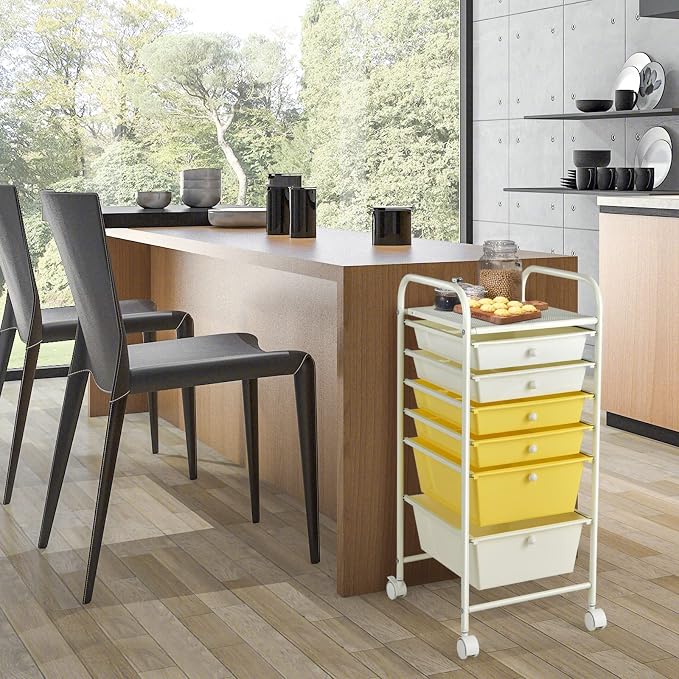 COSTWAY 6-Drawer Rolling Storage Cart, Art Craft Tools Organizer on Wheels | Multifunctional Heavy Duty Utility Mobile Storage Trolley w/ 2 Lockable Wheels for Home Office School (Yellow, Beige & Grey)