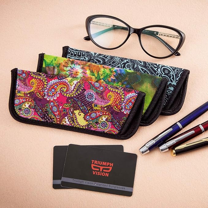 TRIUMPH VISION 3 Pack Reading Glasses Pouch Soft Case Eyeglass Sleeve Slim | Alternative to Bulky Case in bag, Lightweight Lined Padded Protect Optical lens Slip in, Cute Pattern Portable for Daily Use