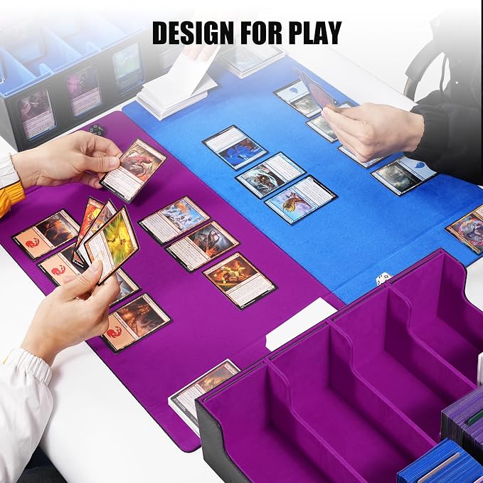 Trading Card Storage Box with Commander Display , 4-Row Deck Case with Removable Lid; 2400+ Card Deck Box for MTG TCG Sports Card, 4 Top Loaders, 4 Stoppers, 24 Dividers,1 Dice Bag (Black Purple)