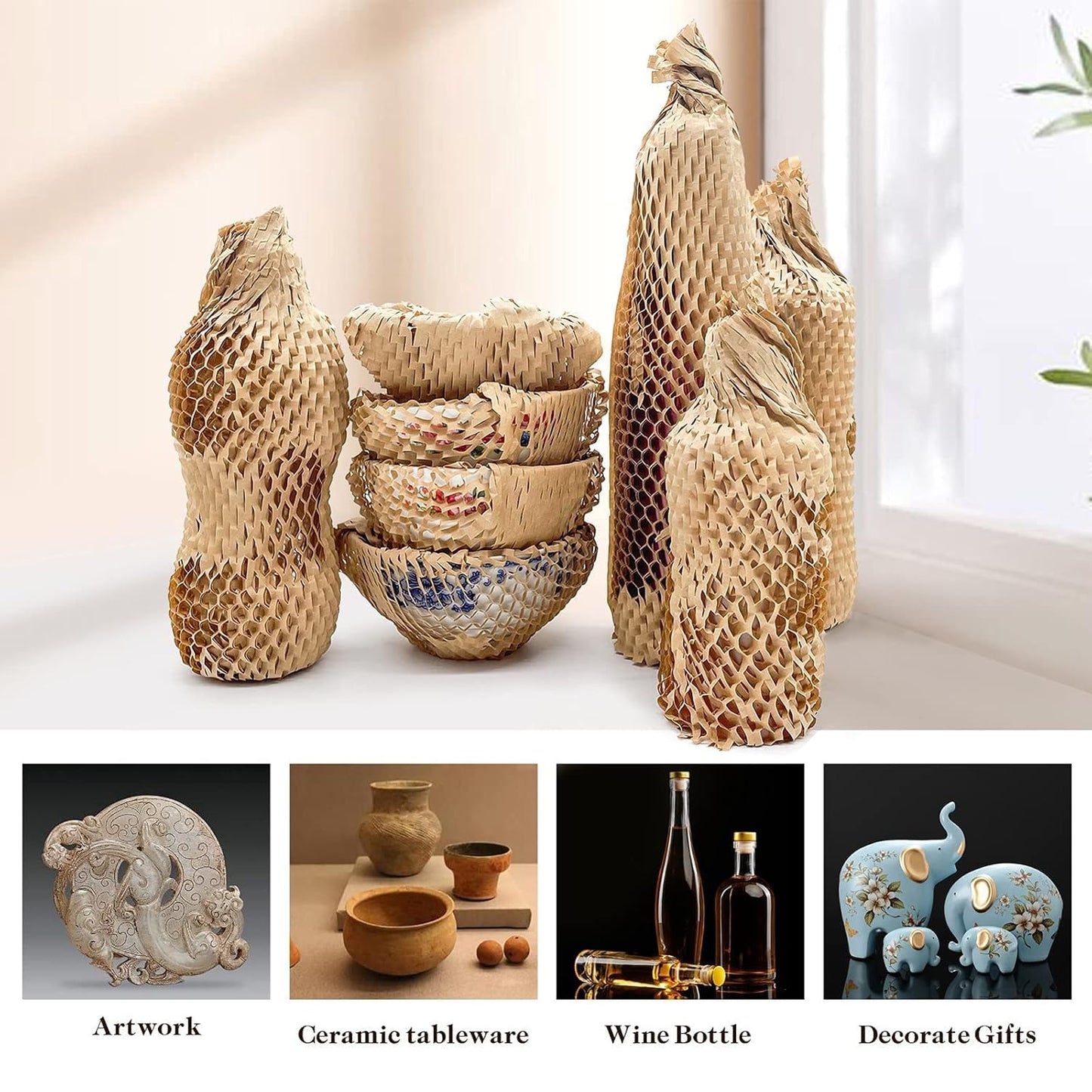 Honeycomb Packing Paper, 12" x 164' Honeycomb Cushioning Wrap Roll for Moving Shipping Packaging Gifts, Recyclable Honeycomb Paper Moving Supplies Bubble Paper Wrapping Protective Roll Khaki