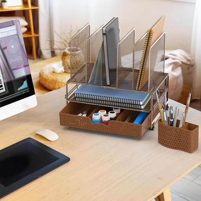 Simple Houseware Desk File Organizer for Office Supplies w/Drawer, Copper | Double Tray, Pencil Holder, and 5 Upright Sections with Sliding Drawer
