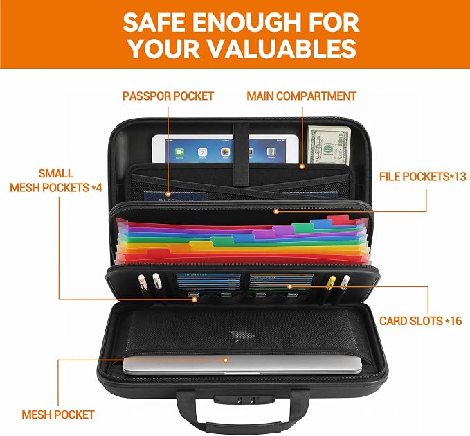 TILYMOL Fireproof Document Box (5200℉) with Upgraded Heat Insulated Layers | Hardshell Fireproof File Organizer with Lock and 13 Pockets Accordion File Folder, Portable for Home Office Travel Storage