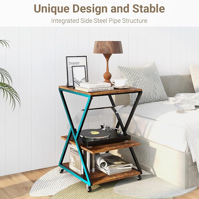 Natwind 3 Tier Printer Stand, 19.7''x19.7'' Large Printer Table with Height Adjustable Shelf, Rolling Printer Cart with Wheels,Multifunctional Organizer Shelf for Home Office Kitchen(Retro)