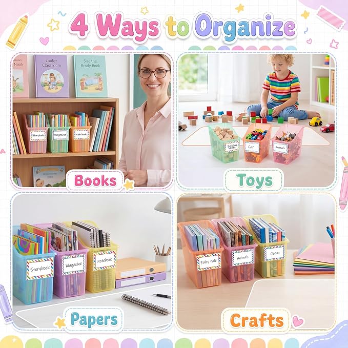 Blosssound 6 Set Book Bins for Classroom Stackable,Translucent Pastel | Plastic Baskets with Labels, Slanted Front, Library Supplies Organizers, Desktop Storage Bins, Teachers Home School Use