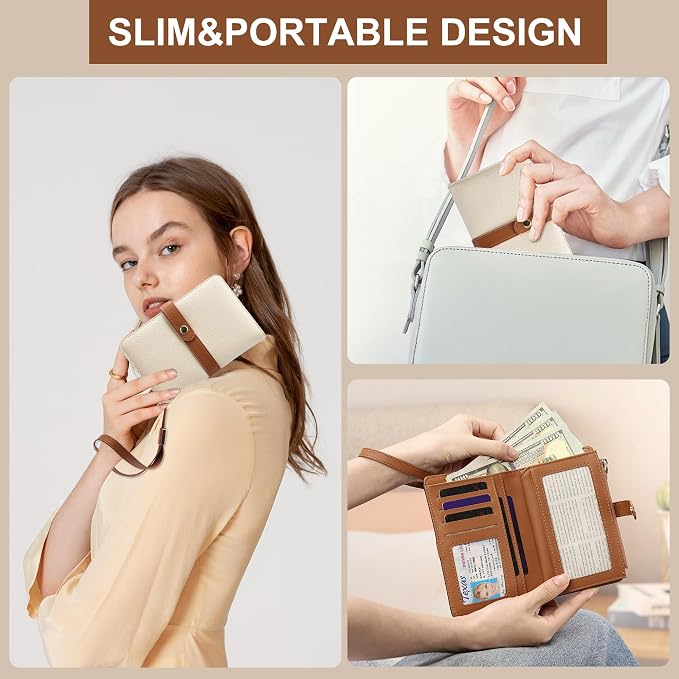 Small Wallet Women RFID Blocking Vegan Leather Slim Thin Bifold Credit Card Wallet Passport Holder Ladies Travel Wallet Mini Purse with Zipper Pocket